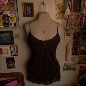 Y2K Lace Tank Top Women's XL Solid Dark Brown Fitted Trim Vintage Layering